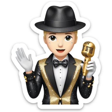 Create a dynamic emoji representing pop vocal performance with a vintage microphone as the centerpiece, surrounded by iconic elements of Michael Jackson's stage attire. Include the signature black sequined jacket, white gloves with rhinestones, and a fedora hat placed next to the mic, evoking the style and energy of classic pop performances. Add subtle sparkles or light effects around the microphone and the clothing to reflect the glamorous, energetic atmosphere of a pop concert. Use bold colors like black, silver, and gold to convey the showmanship and sophistication of pop music. The background should be transparent. sticker