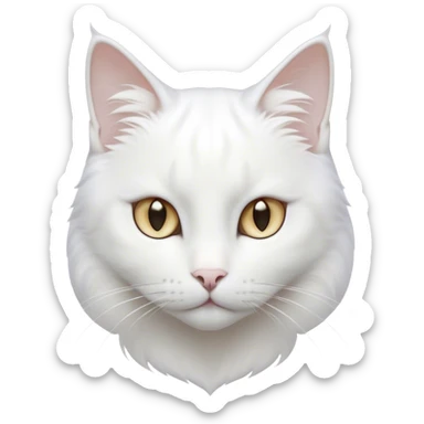 Cinematic Noble White Cat Portrait Emoji, Poised and stately, with a pristine, snow-white fur accented by delicate hints of silver, refined whiskers and a serene, focused gaze, simplified yet impeccably detailed, glowing with an ethereal radiance and timeless elegance, high shine, exuding calm intelligence and regal simplicity, soft glowing outline, capturing the essence of a noble white cat that radiates quiet majesty! sticker