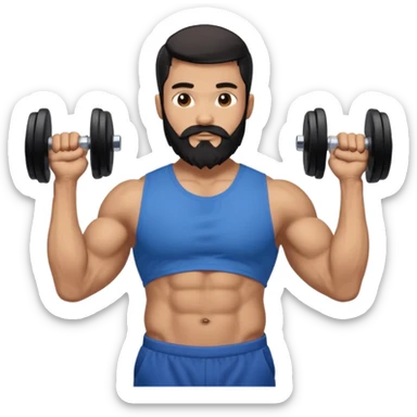 generate an ios genmoji of a 20 year old tan boy with long long long black beard that reaches his chest. Big biceps. wearing a blue shirt that fits his arms and carrying a dumbbel sticker