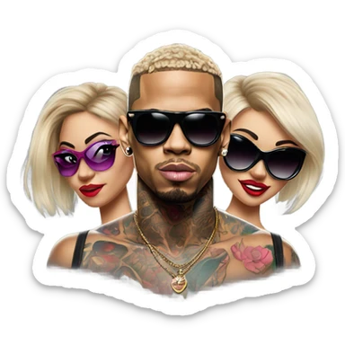 Hyper Realistic Chris Brown  wearing sunglasses with 2 female tattooed dancers sticker
