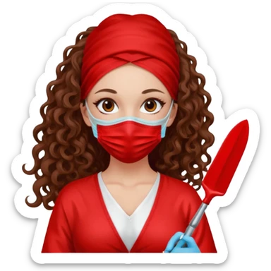 Lilith symbol seductress long curly hair evil surgeon.  brown hair. Red surgical mask and hair covering. She works for cartel and kills  with a scalpel. sticker