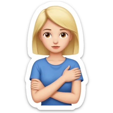 girl has arms crossed holding on neck sticker