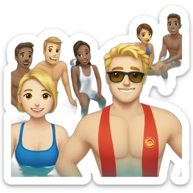 6 coed lifeguards at a swimming pool, 3 guys, 3 girls sticker