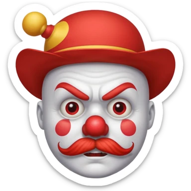 Angry clown — furrowed brow, mustache, tiny hat. sticker