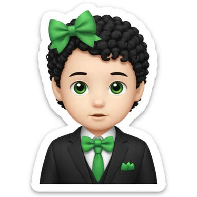 baby boy curly black hair in suit, with green bow sticker