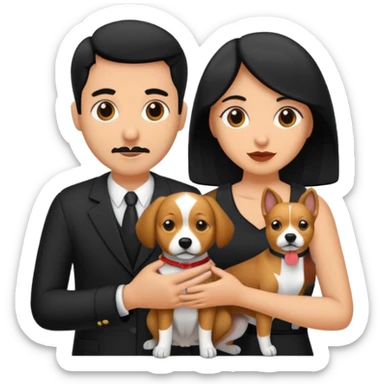 Pareja hombre y mujer, pelo negro ambos, y con dos perritos pincher en sus brazos sticker