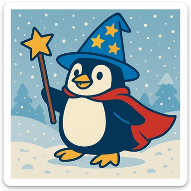 Add a snowy background behind the penguin wizard, keeping the fun and whimsical style intact. sticker