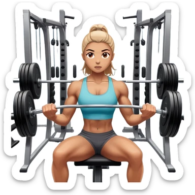 A focused athlete working out on a strength training machine in a modern gym. Muscles engaged, expression determined, demonstrating power and endurance. The gym is filled with equipment like dumbbells, barbells, and mirrors reflecting effort, creating a high-energy atmosphere. sticker