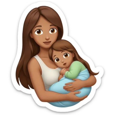 Chica trigueña con el cabello color marrón cabello largo con su bebé en brazos  sticker