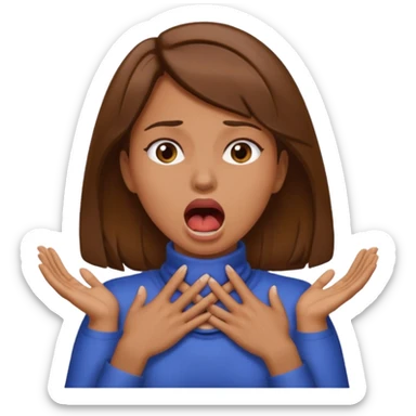 the woman emoji with brown hair and tan skin choking herself out with both hands on her neck with her mouth open sticker