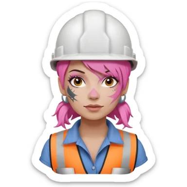 construction worker woman pink hair, white helmet and face tattoo sticker
