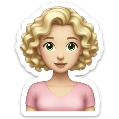 White girl with round face, long curly blonde hair grey-green eyes, pink dress sticker