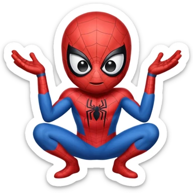 A cute caricature Spider-Man emoji, chibi style, oversized head and tiny body, big expressive white eyes, simplified red and blue suit, thick black outlines, glossy cartoon shading, friendly playful expression, clean vector style, centered face, emoji-sized, transparent background sticker