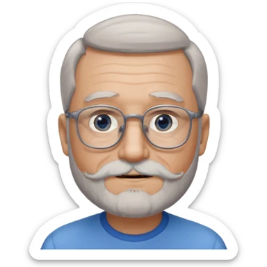 Create me an emoji of an old man. Gray really short size hair. Gray follow-up full beard. Squarer Glasses. Blue eyes. Little smile sticker