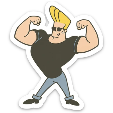 johnny bravo cartoon character, striking a pose with arms flexed, exaggerated muscles, cartoon style sticker