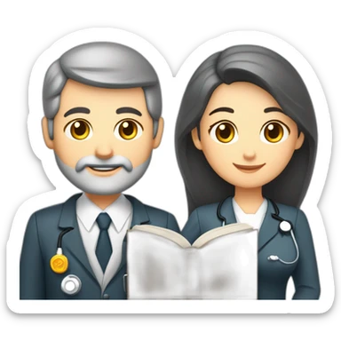 husband executive caucasian middle age dark gray hair trimmed beard business suit and open bible, with wife asian age 55 dark hair nurse uniform nurse cap sticker