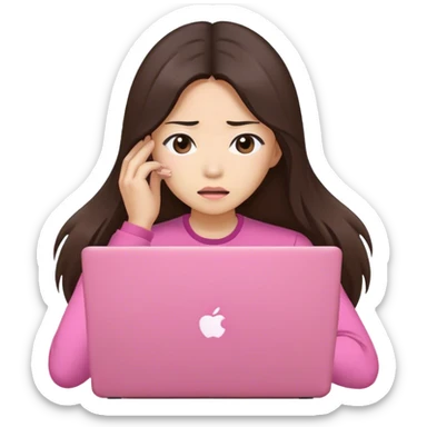 Stressed long hair brunette asian working on pink laptop  sticker
