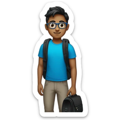 Indian boy in blue tshirt and black bag in specs sticker