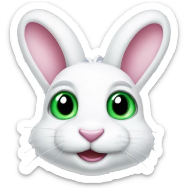 Milky white rabbit head smiling with blue eyes and green pupils, has an eyepatch on his right eye. pink nose sticker