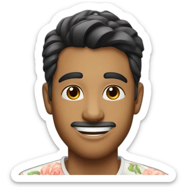 Indian 23 year old male with fair complexion with full b,sharp nose, white floral shirt, winking  sticker