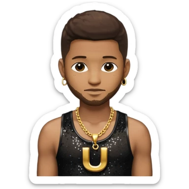 Usher with dark brown hair, black sequin tank top, necklace with letter u sticker