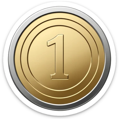 Emoji icon of a metal coin with engraved number 1, minimalist style, isolated, only metal color sticker