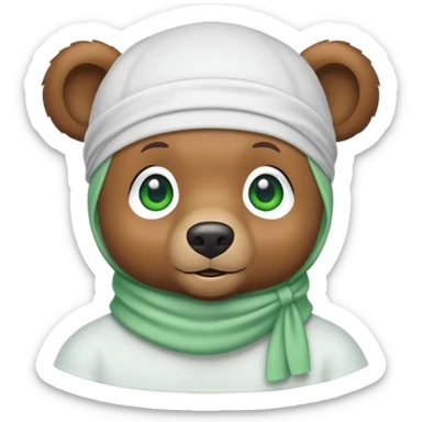 Cute brown bear head with green eyes wearing a white durag, hip style, iOS emoji style sticker