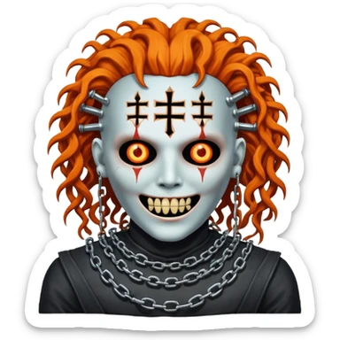 pinhead Hellraiser corpse made of rusty metal with chains on its teeth, huge curly orange hair sticker