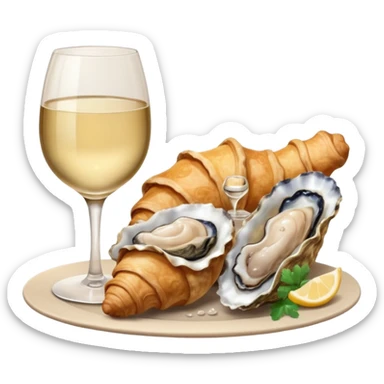 French cuisine humanless avatar in clean emoji-style illustration. 1 Croissant, oysters and wine glass, soft beige tones, simple shapes, flat design, refined and cozy. sticker