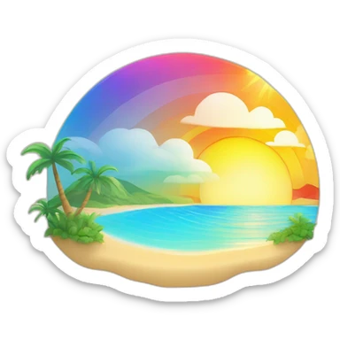 Illustrate a smiling sun with rainbow rays, rising above a vibrant beach scene." sticker