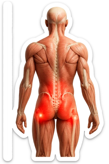 CORPO UMANO ANATOMICO REALISTICO DI SPALLE CON DOLORE ALLA LOMBARE INFIAMMATA, DOLORE ALL'ANCA, IPERREALISTICO 4K sticker