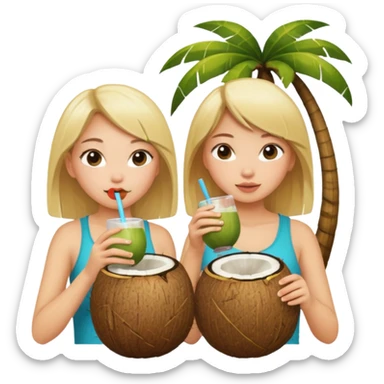 girls drinking out of a coconut one is Asian the other one is blonde  sticker