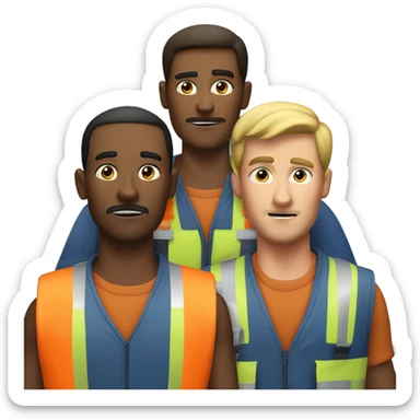 A team of 3 men and one has a warning vest
 sticker