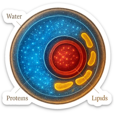 Zelle, deren Inhalt leuchtet in verschiedenen Farben (z. B. blau für Wasser, rot für Proteine, gelb für Lipide sticker