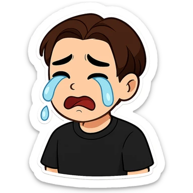 A cartoon man matching the reference image, crying with tears streaming from his eyes, sad expression. He wears a plain black t-shirt with no spots. Style: chibi stickers. sticker