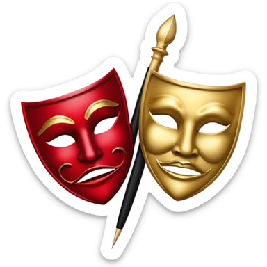 Create a bold and dramatic emoji representing the art of playwriting. The design should feature an open script or a theater playbook, with stylized text lines or dramatic dialogue inside. Include elements like a theatrical comedy and tragedy masks, a stage spotlight, or a writting quill to symbolize creativity and performance. Use deep, contrasting colors like red, black, and gold to evoke the intensity and passion of drama. The overall design should feel dramatic, inspiring, and artistic. Make the background transparent. sticker
