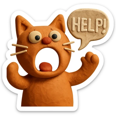 claymation style cute cat, mouth wide, shouting 'Help!' sticker