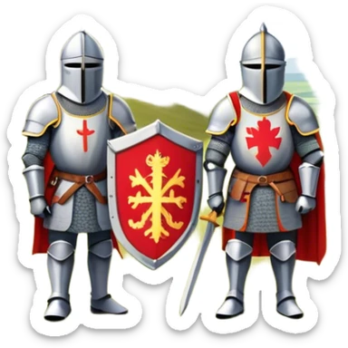  historical reenactment scene with knights in armor standing near Hadrian's Wall, emphasizing the division between Scotland and England. sticker