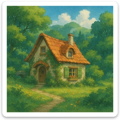 cozy cottage in a lush landscape with gentle lighting in ghibli style sticker