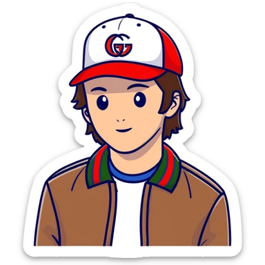 man with medium-length brown hair, Gucci cap sticker