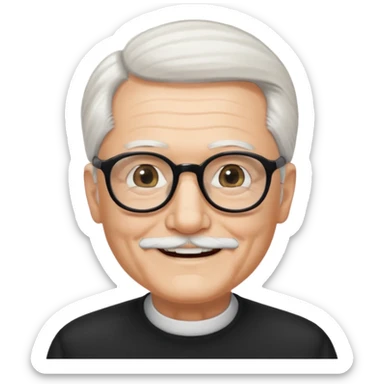 An elderly man with neatly combed white hair swept back and wears black rectangular glasses. His face is oval-shaped with  a small white beard.  sticker