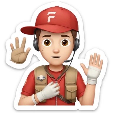 Team Fortress 2 Scout with red shirt, headset, baseball cap, dog tags, and bandages on hands sticker