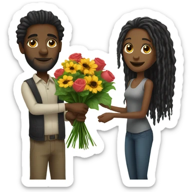 Black man giving black girl with long dreadlocks flowers  sticker