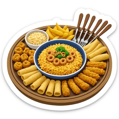 Plato redondo visto desde arriba con tiras gruesas de chicharrón crujiente dorado, acompañado de arroz frito con vegetales (zanahoria, arvejas, cebollín) y pequeños cubos de colores, sticker