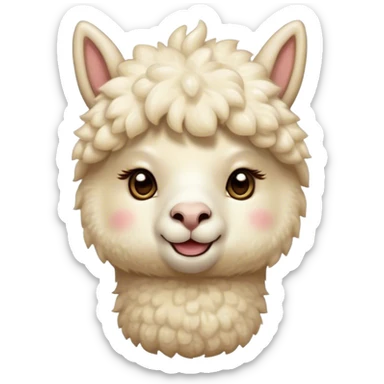 Cinematic Cute Cream Alpaca Portrait Emoji, Head tilted playfully and inquisitively, featuring a fluffy, cream fleece with a natural sheen, round, sparkling gentle eyes filled with curiosity, Simplified yet irresistibly adorable features, highly detailed, glowing with a warm, friendly glow, high shine, affectionate and gentle, stylized with a touch of whimsy, bright and endearing, soft glowing outline, capturing the essence of a mischievous yet loving alpaca, so playful it feels like it could prance out of the screen and into your arms! sticker