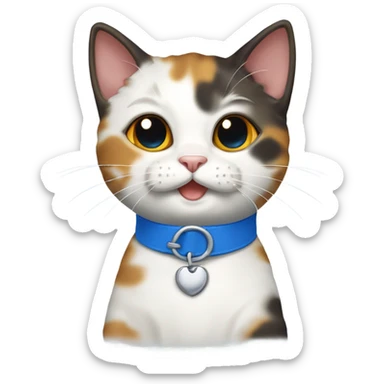 happy cute tortoiseshell white cat with blue cat collar, full body,  from half side perspective  sticker