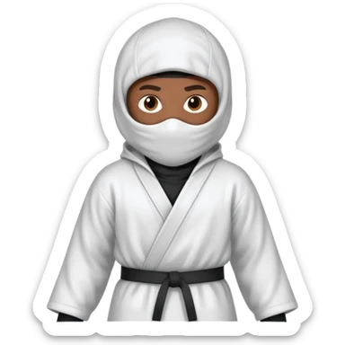All white ninja robe with no black with white ski mask to cover face and neck with a hoodie on and dark brown skin color sticker