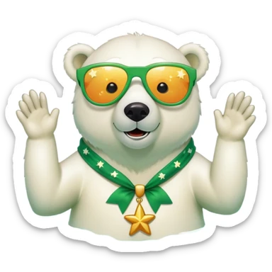 friendly anthropomorphised polar bear wearing oversized colorful star glasses and festive St. Patrick's Day outfit, swimming with joyful expression sticker
