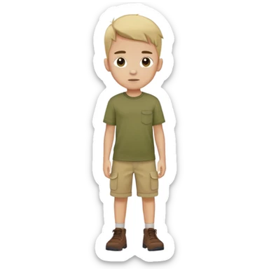 boy wearing an olive-green shirt over a brown T-shirt with beige cargo shorts sticker
