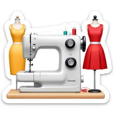Sewing icon, sewing machine with thread, visible needle, spools of thread, fabric pieces cut according to patterns, measuring tape, pins, scissors, and dresses on mannequins, minimalistic style, clean lines, transparent background. sticker